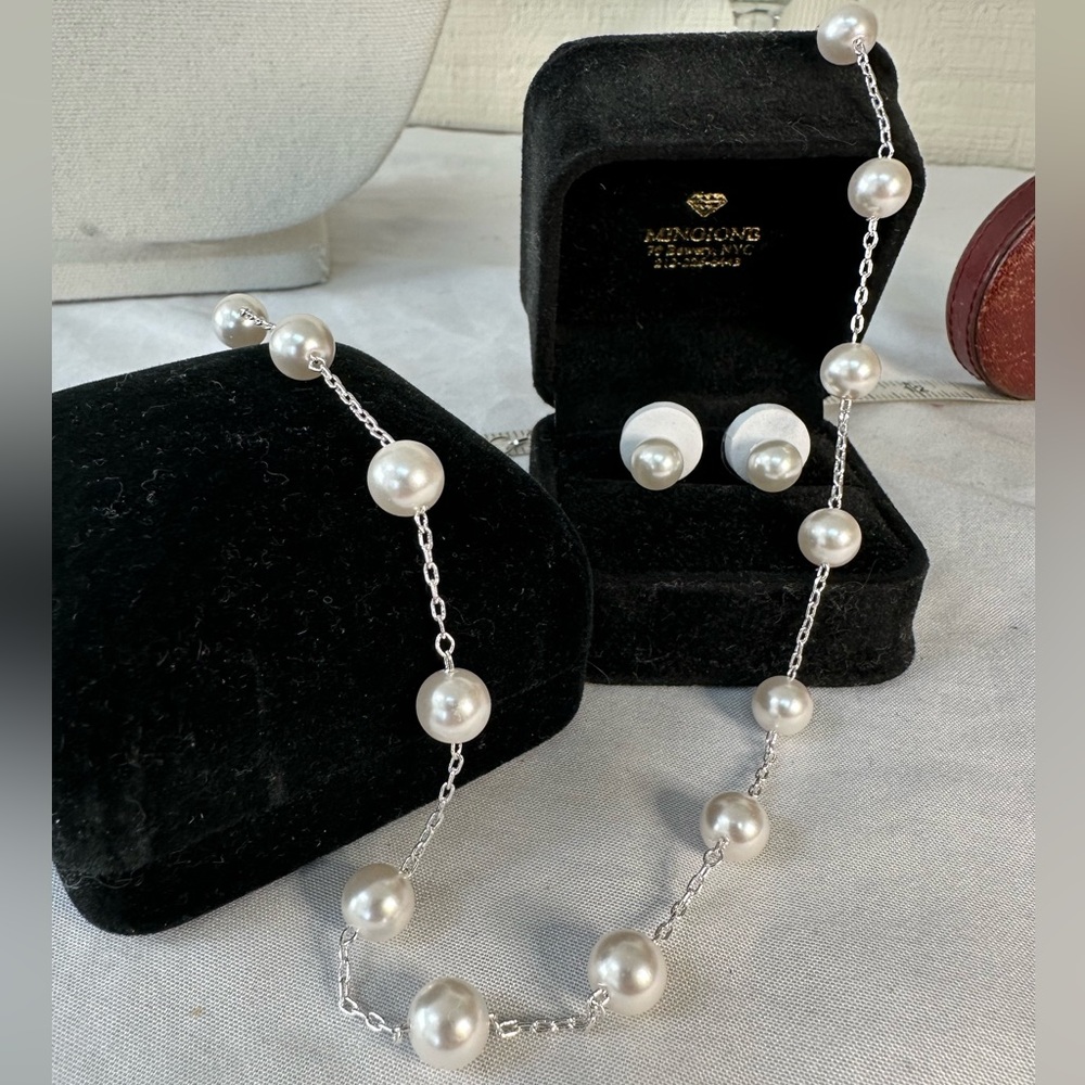 Pearl bead station necklace and earrings set